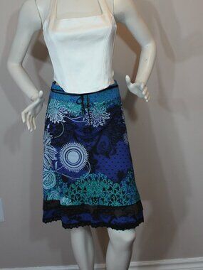 Disigual A-Line knee length  blue black print cozy skirt size Large